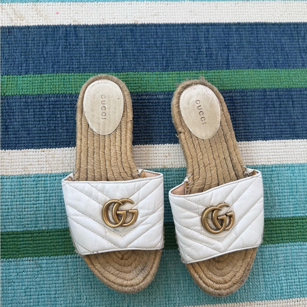 Gucci White Quilted Slides with Gold Emblem